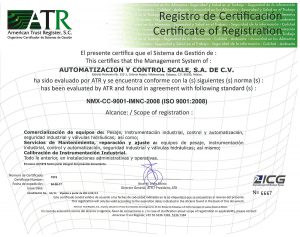 Certificación ISO-9001 otorgada a Automatización y Control Scale S.A. de C.V.